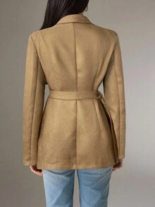 Modelyn Women's Solid Color Lapel NeckLong Sleeve Side Knot Elegant Blazer In Fall/Winter - Khaki - View 3