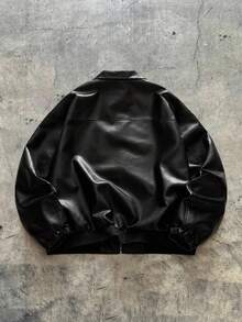 AXEPEAK Plus Size Men's Long Sleeve Casual Fashion Street Hooded PU Leather Jacket With Letter & Star Embroidery, Loose Fit Zip-Up, Autumn, For Fall Winter