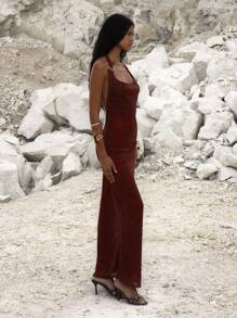 MUSERA Đầm maxi dáng suông, cổ yếm, cổ đổ, khoét sâu phía trước, thích hợp cho các dịp đi chơi tối, thanh lịch, mùa thu, hè, kỳ nghỉ, lễ tốt nghiệp. - Màu Đỏ Sâu - Xem 3