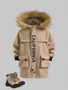 SHEIN 男童休闲舒适多功能保暖加厚连帽羽绒服，中长款冬季外套 - 杏色 - 查看 2