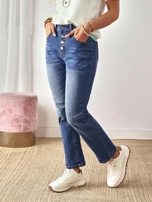 EMERY ROSE Women's Button Front Pocket Flare Casual Versatile Jeans - Blue - View 1