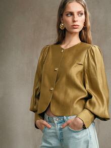 EMERY ROSE 女士优雅通勤纯色泡泡袖长袖衬衫 - 芥末黃 - 查看 6