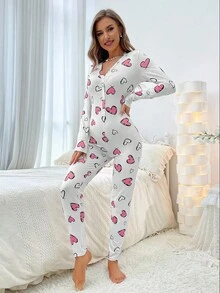 女士心形印花长袖睡衣连体裤可爱睡衣女士心形睡衣套装女士可爱睡衣女士心形睡衣粉色心形睡衣，秋季 - 粉色 - 查看 4