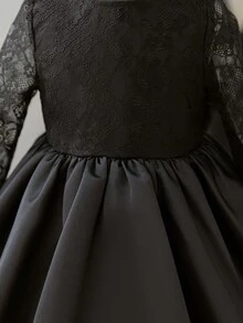 年轻女孩优雅可爱黑色缎面网眼长袖蝴蝶结连衣裙 - 黑色 - 查看 6