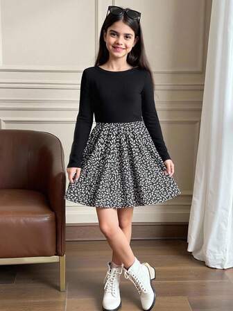 SHEIN Tween Girls' Casual Floral Patchwork Knit Round Neck Long Sleeve Dress For Fall Winter Holiday Black And White Floral Dress For Girls Long Sleeve Dress For Tweens Black Dress For Girls Tween Dresses Girls Black Floral Dress