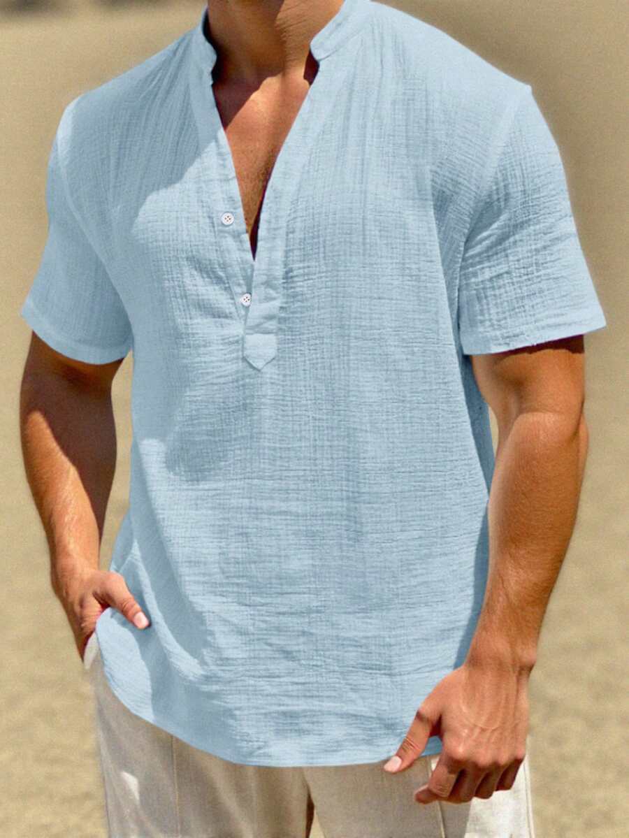 SHEIN Boys Blue Regular Sleeve Plain Polyester Shirt Button Front Stand Collar Regular Length Casual Top, Teen Boy - Blue - View 1