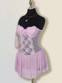 SHEIN ICON 女式性感蕾丝拼布蝴蝶结装饰迷你连衣裙 - 淺粉色 - 查看 4