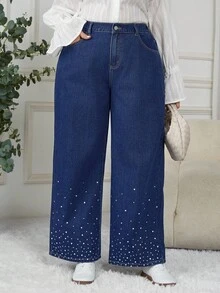 SHEIN CURVE+ Plus Size Fashion Commuter Rhinestone Embellished Straight Leg Jeans - Medium Wash - View 8