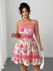 SHEIN Clasi 大码女式纯色简约日常蕾丝拼接吊带连衣裙新年衣服 - 彩色 - 查看 5