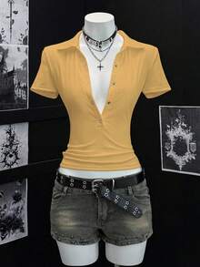 EgrlEra Camiseta de mujer de manga corta con cuello polo de unicolor y sexy - amarillo ganso - Ver 1