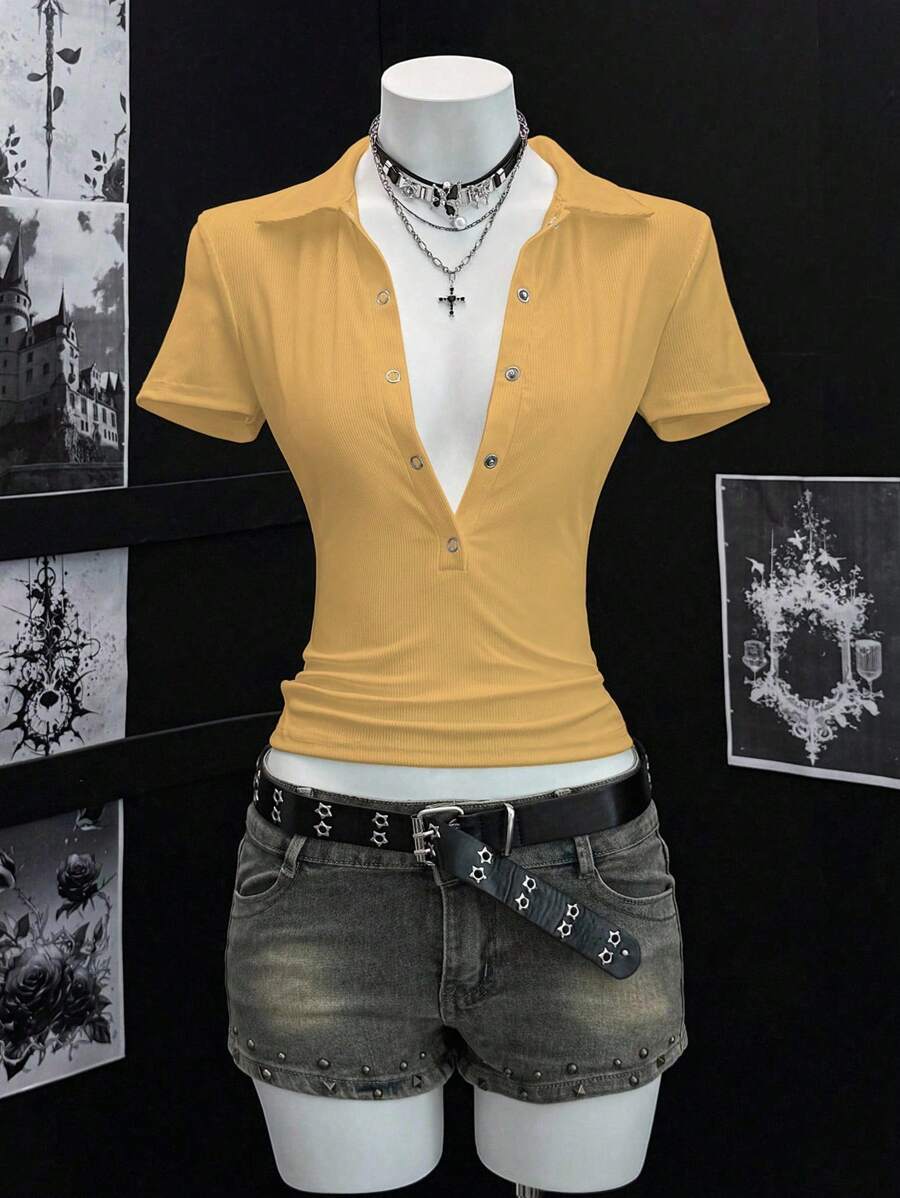EgrlEra Camiseta de mujer de manga corta con cuello polo de unicolor y sexy - amarillo ganso - Ver 1