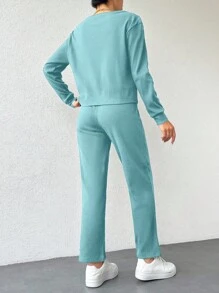 EURMUSE Cotton Women Solid Color Ribbed Tee & Pants - Mint Green - View 2