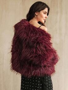 Anewsta 时尚酒红色和黑色仿皮草短外套，女士秋冬款 - 酒紅色 - 查看 2