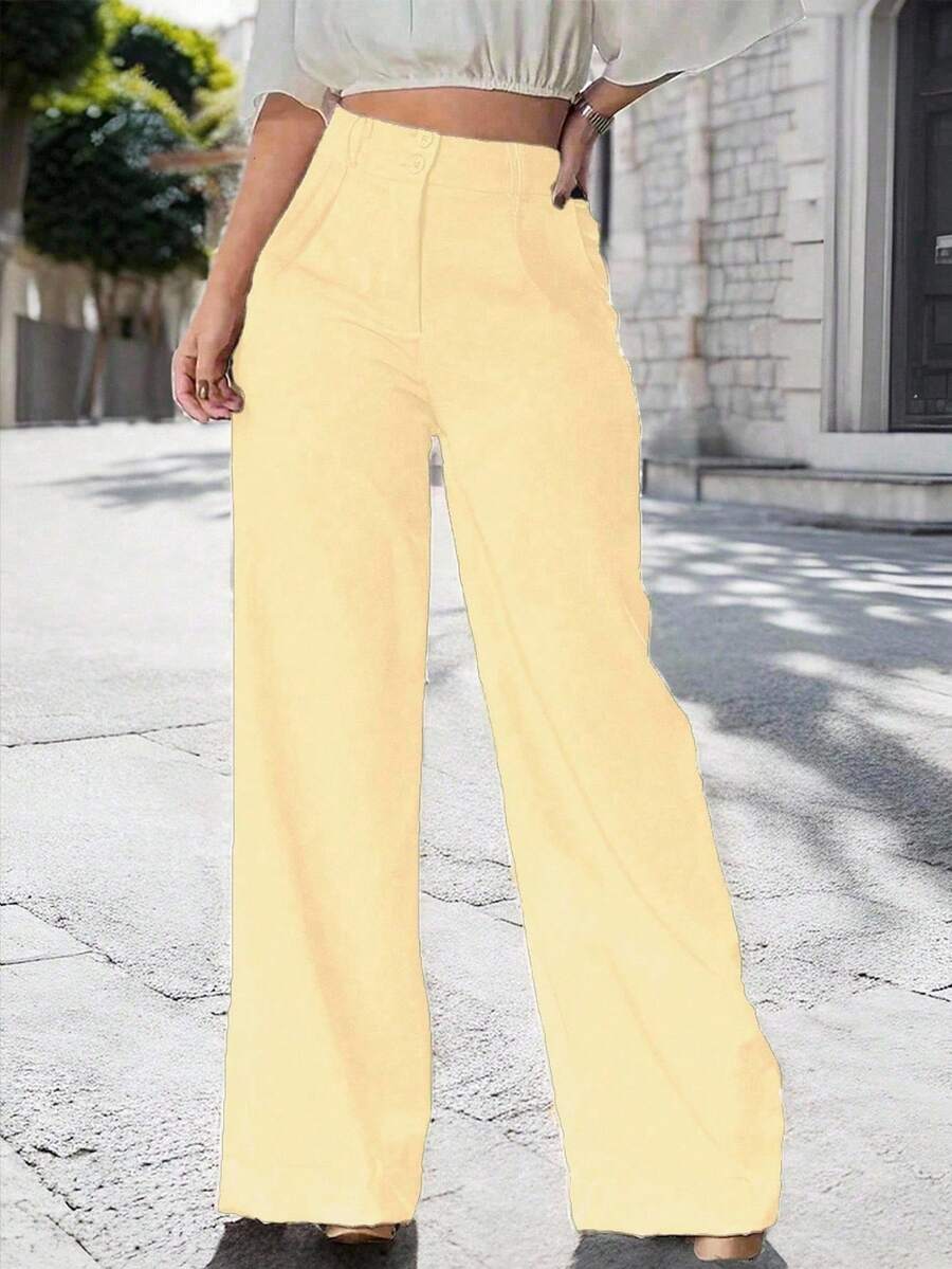 SHEIN LUNE Women's Casual Solid Color Straight Leg Pants - Butter Yellow - View 1
