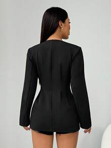 SHEIN PETITE Áo khoác blazer màu trơn cổ chữ V sâu tay dài cài nút thời trang cho nữ Áo khoác blazer màu đen Váy blazer cho nữ Váy blazer màu đen cho nữ Váy tuxedo cho nữ Áo khoác blazer màu đen cho nữ vào mùa thu/đông - màu đen - Xem 2