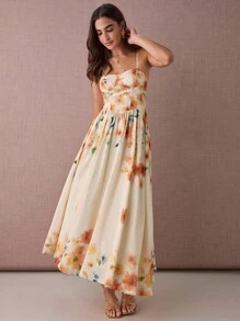 Enchnt Fall/Winter Romantic Women's Apricot Floral Print Spaghetti Strap Princess Maxi Dress - Yellow - View 3