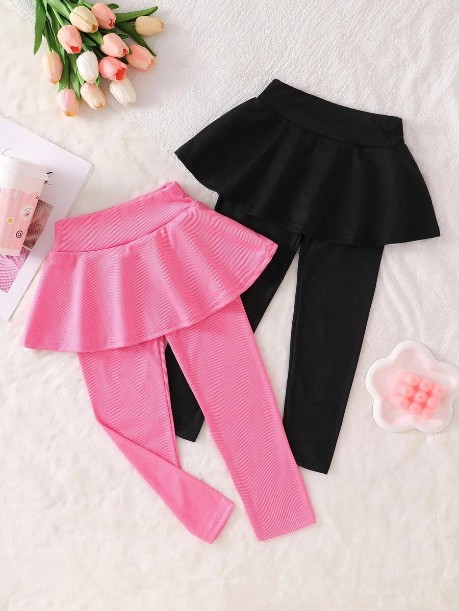 SHEIN Playful Pals 2件套女童芭蕾舞风格纯色裙子和打底裤套装,打底裤配裙子,女童打底裤套装,喇叭打底裤,带裙摆打底裤,少女荷叶边打底裤,黑色/紫红色打底裤,4-7岁喇叭裤套装,2件套女童裤子和上衣,秋冬季 - 彩色 - 查看 1