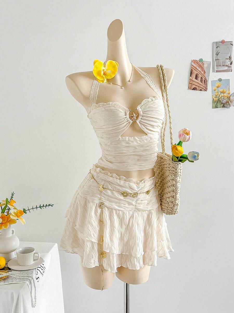 Soleia WYWH Women's Holiday Outfit, Cream White Textured Knit Fabric Lace Patchwork Halter Top & Tiered Lace Ruffle Mini Skirt Set, Suitable For Holiday, Date, Afternoon Tea, Beach Suit, Cruise, City Vacation, All Seasons, Music Festival, Boho Vacation, Can Be Worn Inside Or Outside Cream Two Piece Set Two Piece Skirt Set Summer Two Piece Set Summer Skirt Set - Beige - View 1
