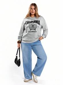 Solavibe Casual Minimalist Campus Style Back To School American Sports Graphic Loose Fit Round Neck Long Sleeve Sweatshirt For Plus Size Women - Light Grey - View 6