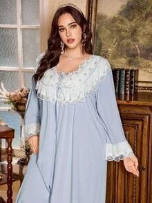 PalaceNights Palace Nights Embroidered Trim Patchwork Vintage Palace Style Plus Size Nightgown + Robe Set, Fall Clothes - Baby Blue - View 4