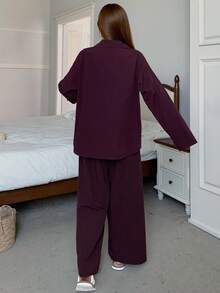 DAZY 2件套女士宽松动物纹长袖上衣和长裤睡衣套装，秋冬服装 - 中紫紅色 - 查看 2