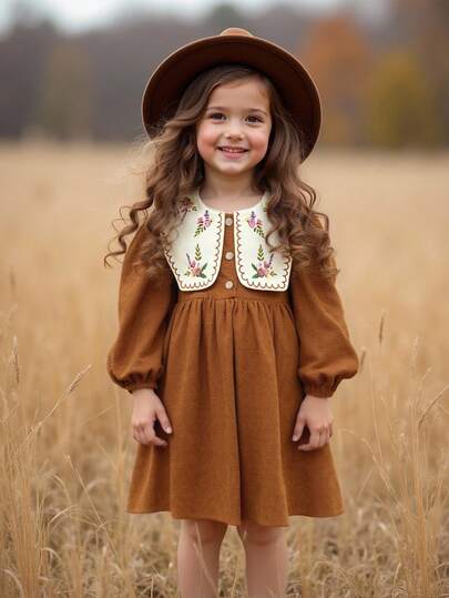 Emery Rose Kids Emery Rose Kids Vestido de manga larga con cuello Peter Pan, estampado floral vintage y parches, para niñas. Vestido de licra de manga larga para otoño/invierno y Halloween, muy cómodo para uso diario