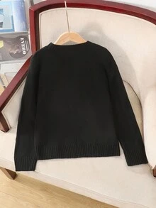 SHEIN Tween Girl Loose Casual Minimalist Comfortable Round Neck Pullover Sweater With Bow Design Fall Winter - Black - View 2