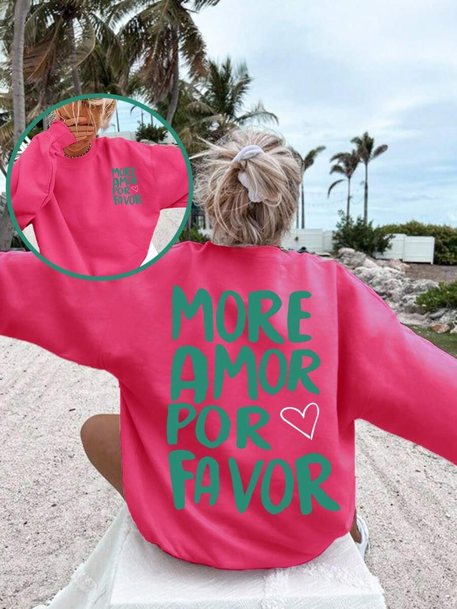 Flirla 印有“MORE AMOR POR FAVOR”标语的大码女式圆领运动衫 - 玫紅色 - 查看 1