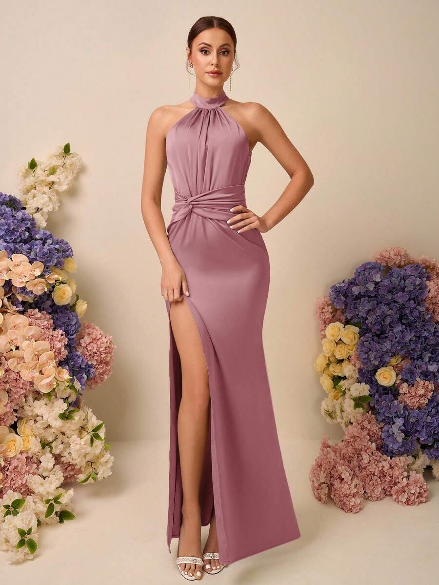SHEIN Belle Elegant Romantic Satin Halter Neck Sleeveless Ruched Twist Mermaid High Slit Backless Dress, Suitable For Weddings, Events, Dates, Bridesmaid - Dusty Pink - View 1