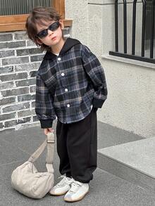 DAZY 2pcs Kids Boys Casual Plaid Hooded Shirt And Sweatpants Set, Loose Fit, Autumn