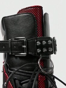 ROMWE Grunge Punk 红色 & 黑色金属扣厚底中筒系带朋克及膝靴