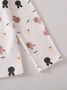 2 件套女童杏色简约可爱兔子印花长袖上衣和裤子舒适休闲睡衣套装 - 杏色 - 查看 8