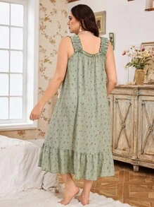 CottageSlumber Váy ngủ Maxi không tay họa tiết hoa nhỏ lãng mạn cỡ lớn, viền bèo nhún, váy ngủ màu xanh lá cây lộng lẫy, váy ngủ mặc ở nhà cho nữ, váy ngủ họa tiết hoa, váy ngủ nữ, váy ngủ mặc ở nhà cho nữ, váy ngủ màu xanh lá cây - Nhiều màu - Xem 2