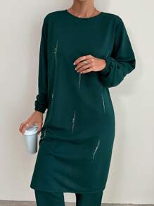 RueChic 100% Cotton Comfortable And Chic Long Sleeve Rhinestone Printed Long Blouse & Pants Jersey Set - Green - View 6