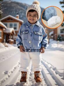 SHEIN Unisex Baby Boy Fuzzy Cardigan Jacket, Casual Cute Versatile Thermal Lined Blue Collar Outerwear For Autumn/Winter Fall - Multicolor - View 4