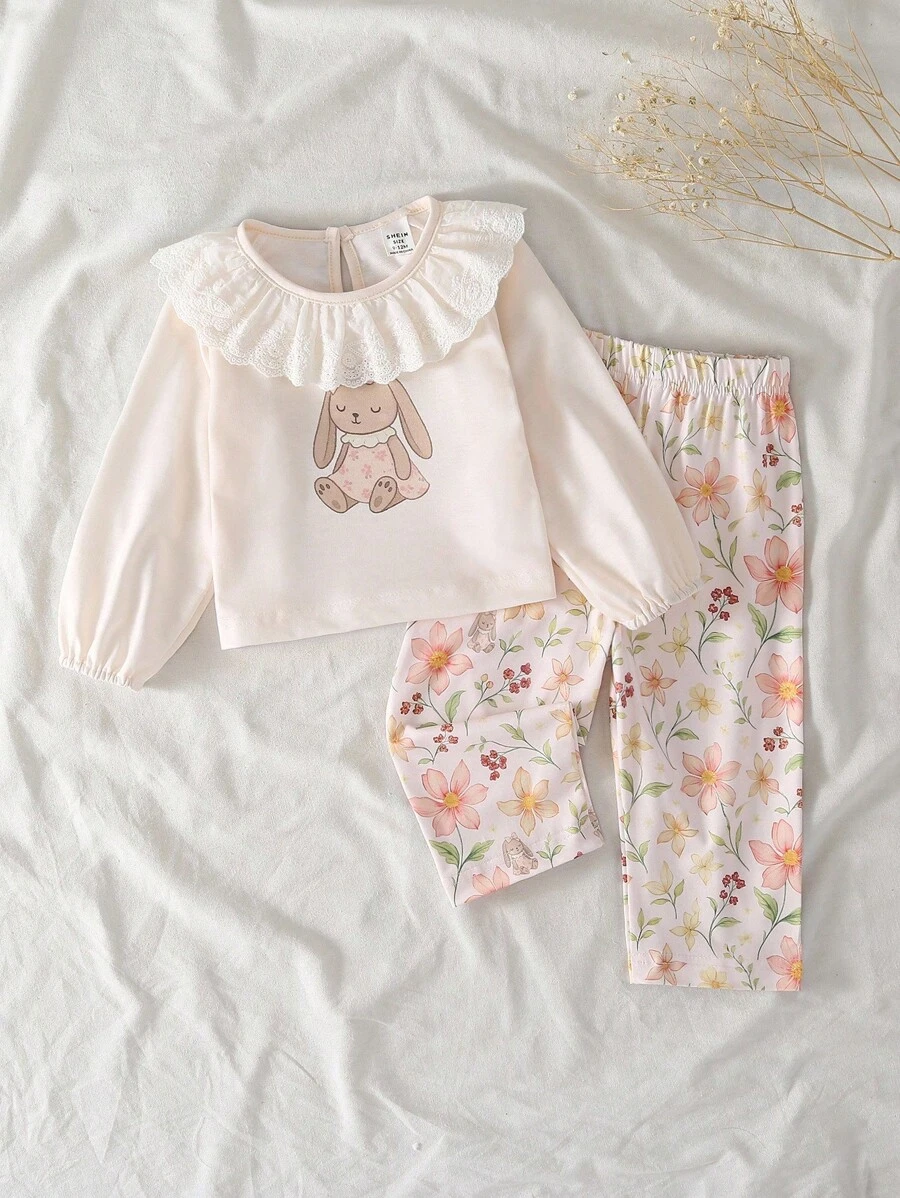 SHEIN Baby Girl Cartoon Rabbit Print Long Sleeve Ruffle Hem T-Shirt And Floral Print Pants Set Baby Girl Two Piece Set Fall Winter - Multicolor - View 1