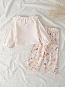 SHEIN Baby Girl Cartoon Rabbit Print Long Sleeve Ruffle Hem T-Shirt And Floral Print Pants Set Baby Girl Two Piece Set Fall Winter - Multicolor - View 2