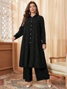 Al Najma 2pcs Textured Jacquard Contrast Button Plus Size Casual Set 2 Pieces Set - Black - View 3