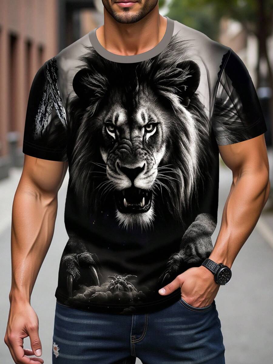 Manfinity Dauomo 返校节街头风格酷炫独特狮子印花男士T恤 - 彩色 - 查看 1