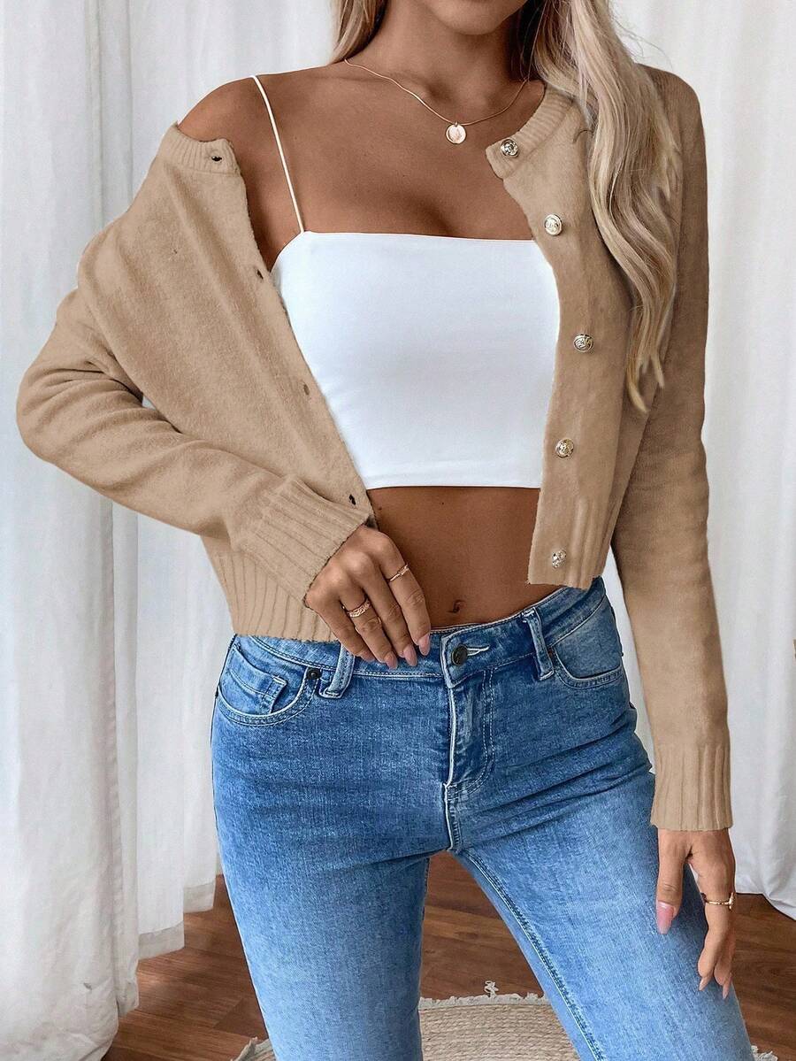EMERY ROSE Áo khoác len cardigan dệt kim màu trơn trang trí nút nhẹ thời trang xuân/hè cho nữ - Màu Khaki - Xem 1