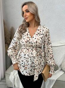 SHEIN Women's Floral Print V-Neck Tie Front Maternity Nursing Top, Autumn - Apricot - View 6