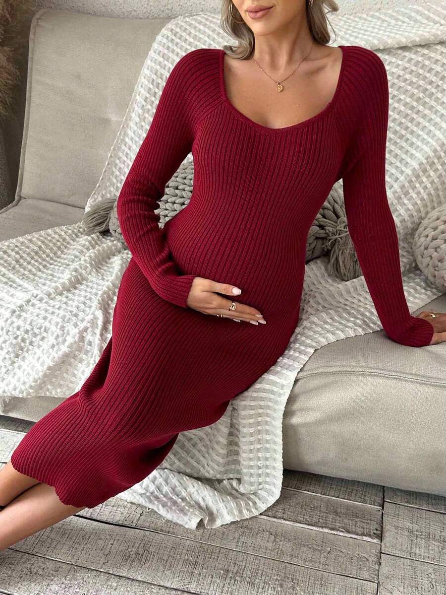 SHEIN 孕妇装弹力及膝长袖修身毛衣裙