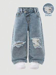 SHEIN Young Girls Y2K Casual Everyday Versatile Street Asymmetrical Waist Ripped Loose Wide Leg Straight All-Match Comfortable Jeans, 2025 New Essential, Suitable For Daily Wear, Hot Fall Winter - Medium Wash - View 6