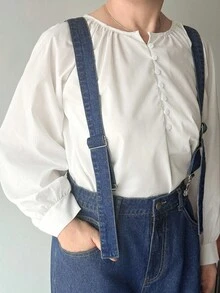 FRIFUL 女式口袋阔腿宽松休闲日常牛仔连体裤 - 藍色 - 查看 3