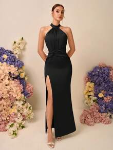 SHEIN Belle 优雅浪漫黑色缎面露背无袖褶皱高开衩露背美人鱼连衣裙，适合婚礼、活动、约会、伴娘 - 黑色 - 查看 7