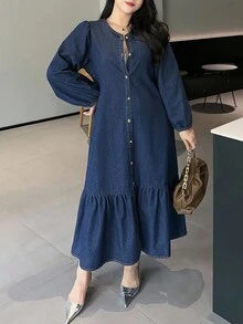 Dazy Plus 深洗蓝半开领灯笼袖宽松长款牛仔连衣裙，秋季