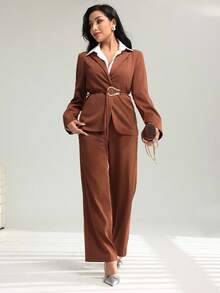 Modelyn U-Shaped Metal Ring Collar Women's Mottled Long Sleeve Jacket And Pants Suit Set Fall Cloth For Women