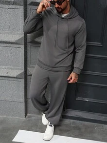 Manfinity Homme 男士纯色简约休闲长袖连帽衫和裤子套装男士运动服套装男士连帽衫和运动裤套装男士慢跑套装休闲两件套男士男士运动服套装，秋季服装 - 深灰色 - 查看 3