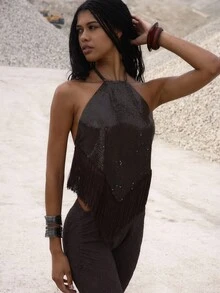 MUSERA Halterneck Chainmail Fringed Top Night Out Occasion Birthday Elegant Fall Autumn Rapture Elegant Holidays Party Spring Summer - Chocolate Brown - View 2