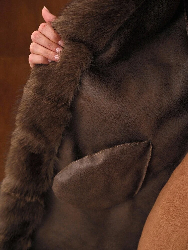 LAPEL COLLAR LONG SLEEVE FAUX FUR COAT